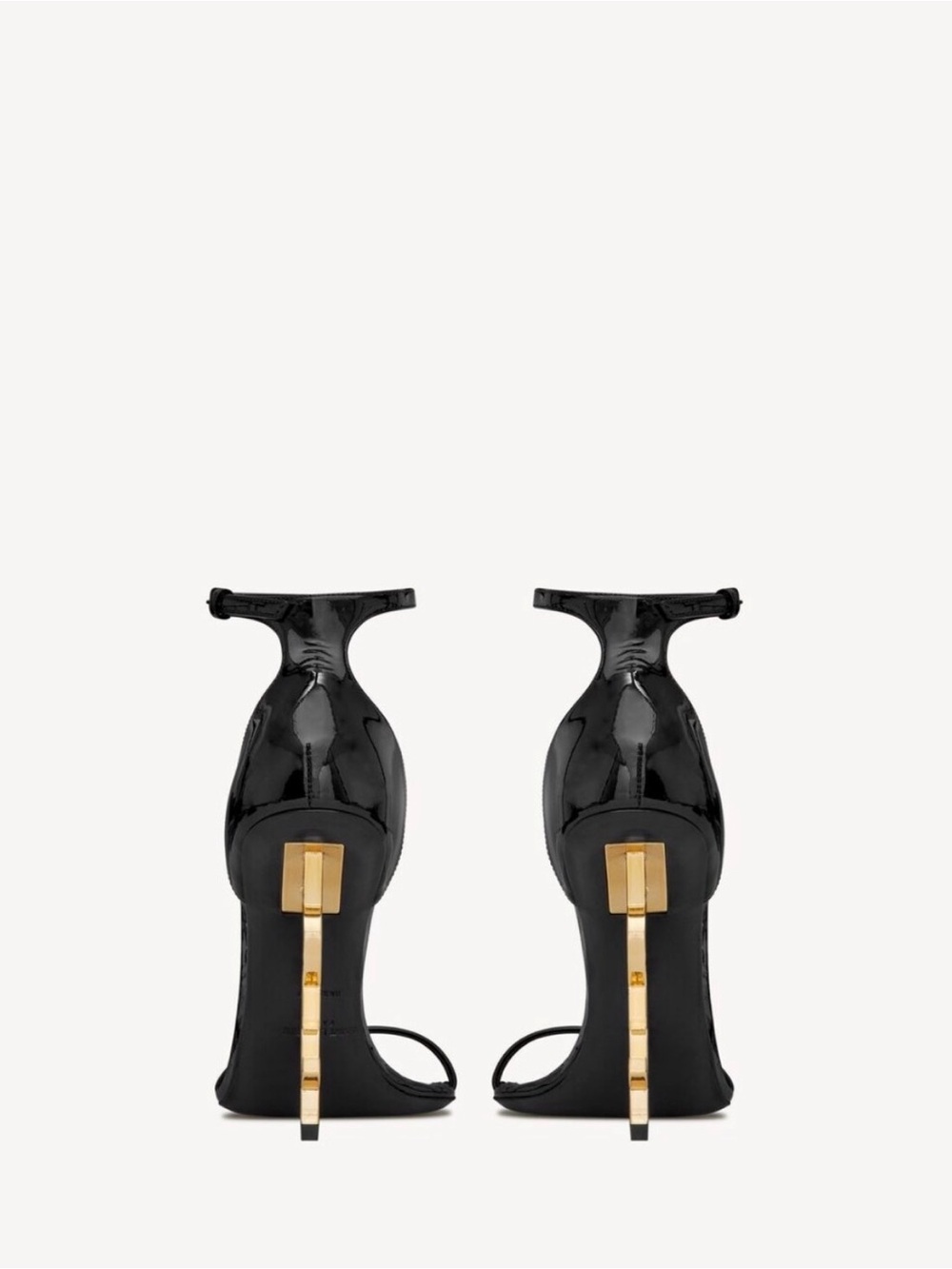 Saint Laurent Black Patent Sandal with Gold YSL Logo Heel - Picture 3 of 11